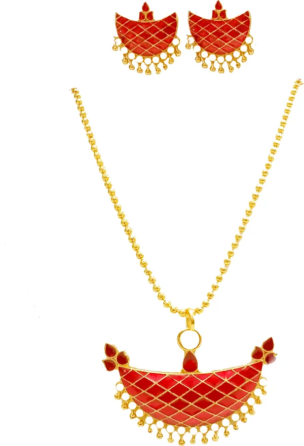 Assamese_Traditional_Gold_Plated_Red_Colour_Joonbiri_Chain_Jewellery_Set_For_Women_&_Girls